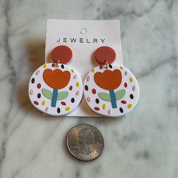 NWT Dangle Flower Earrings Red Tulip geometric abstract one size fits - Picture 2 of 3